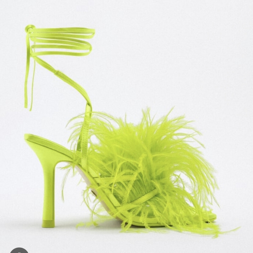 Zara Lime Green Feather Strappy Heel Ankle Tie